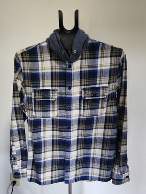 Aeropostale Blue, White and Brown Plaid Hooded Shirt Label